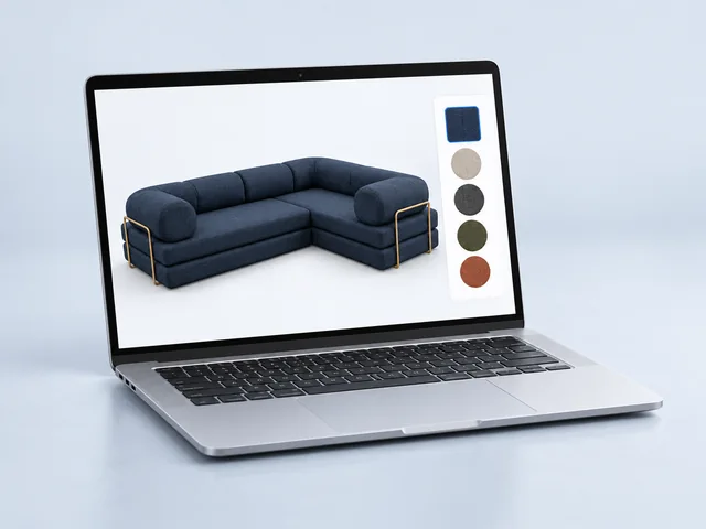A laptop illustrating a Modular Sofa configurator with fabric choices.