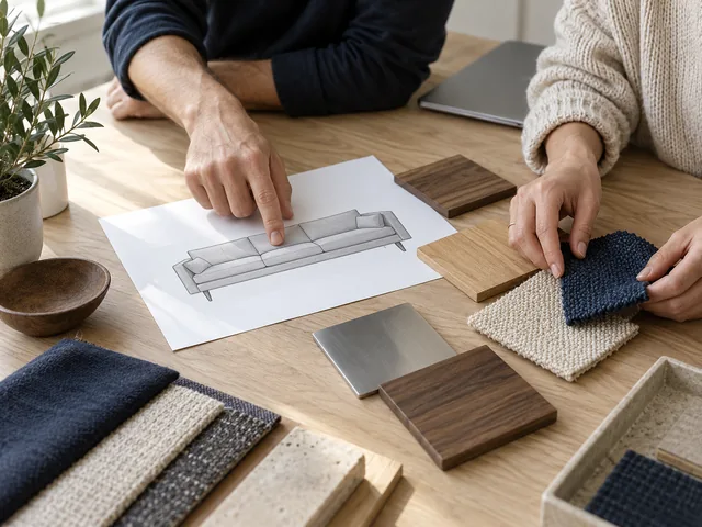 Two people planning a furniture product with drawings and material samples.