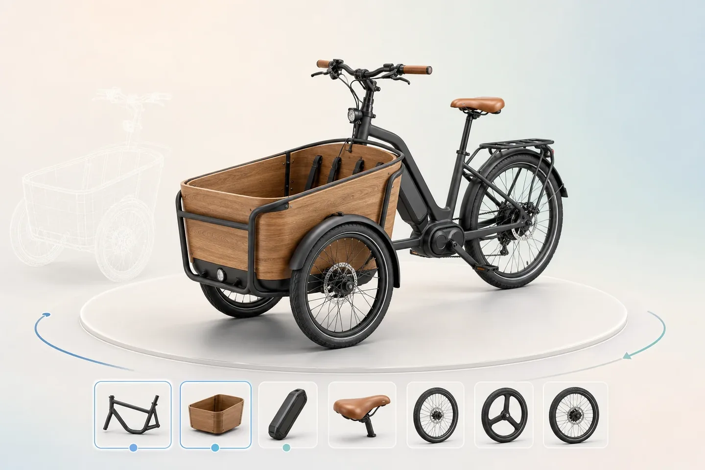 Cargo bike configuration view showing the product and its separately selectable components