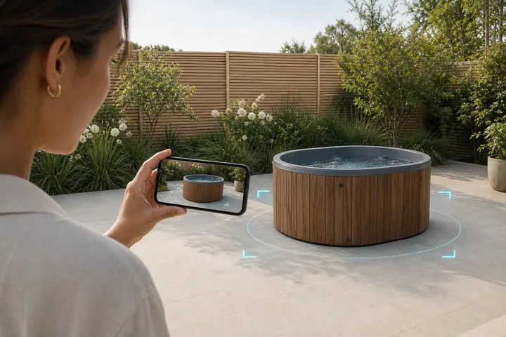 Customer using AR to understand the scale of a timber hot tub in a garden