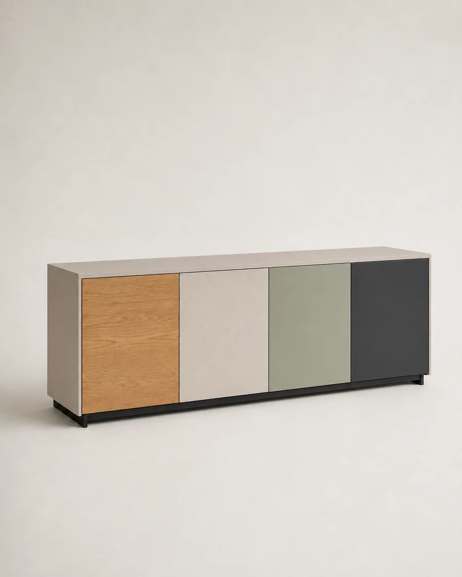 Configured four-finish sideboard on a clean studio background