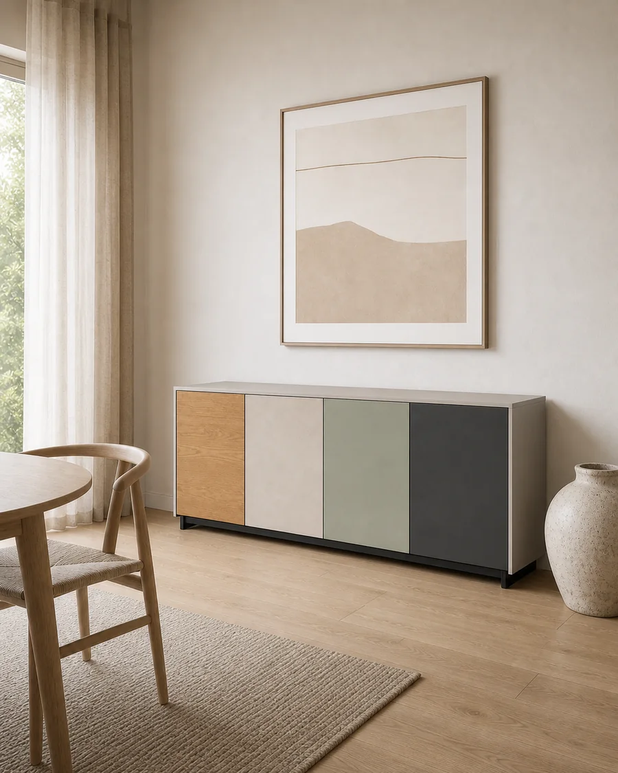 The same configured sideboard placed at scale in a Scandinavian room