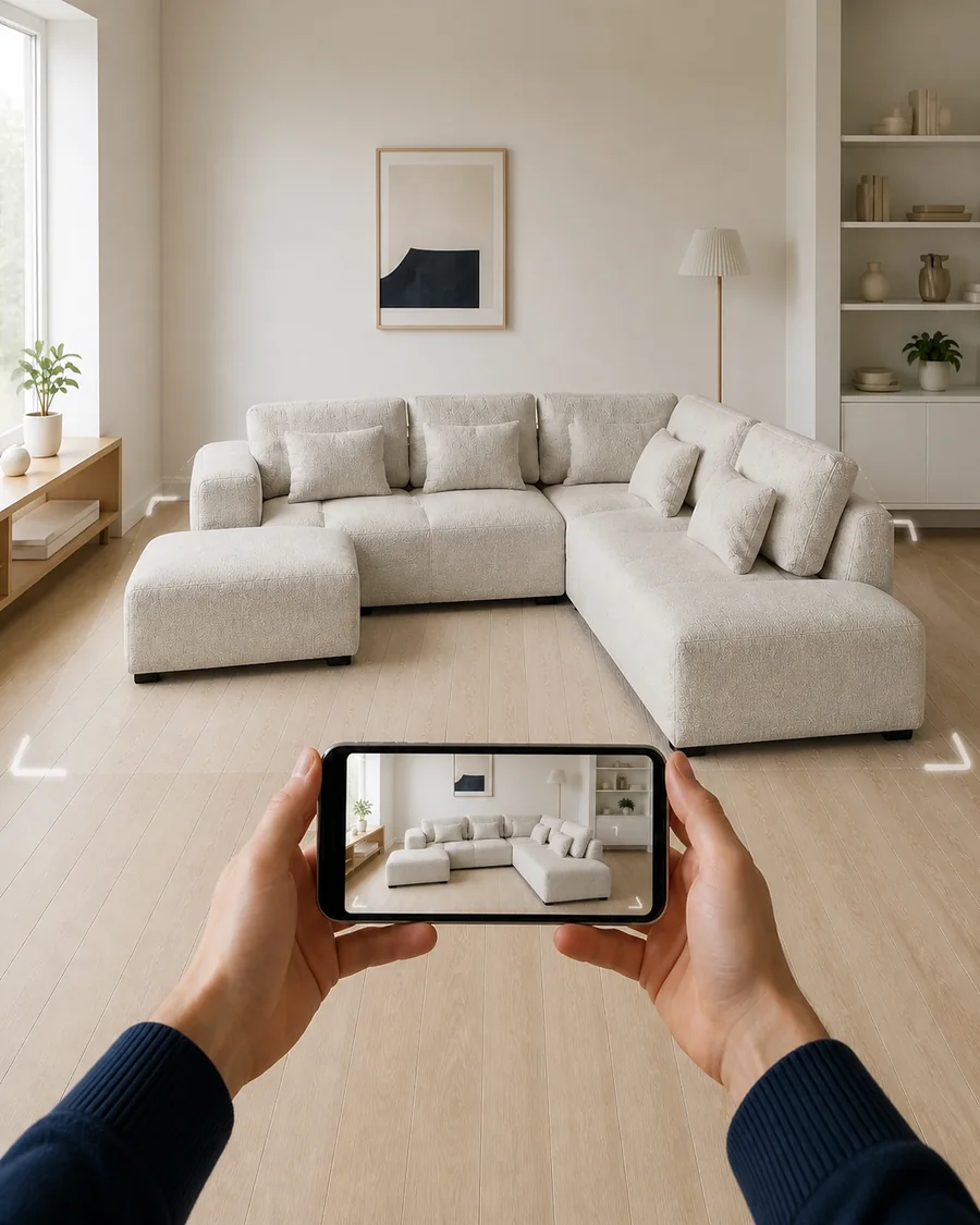 Customer viewing the same modular sofa at scale through an AR phone preview