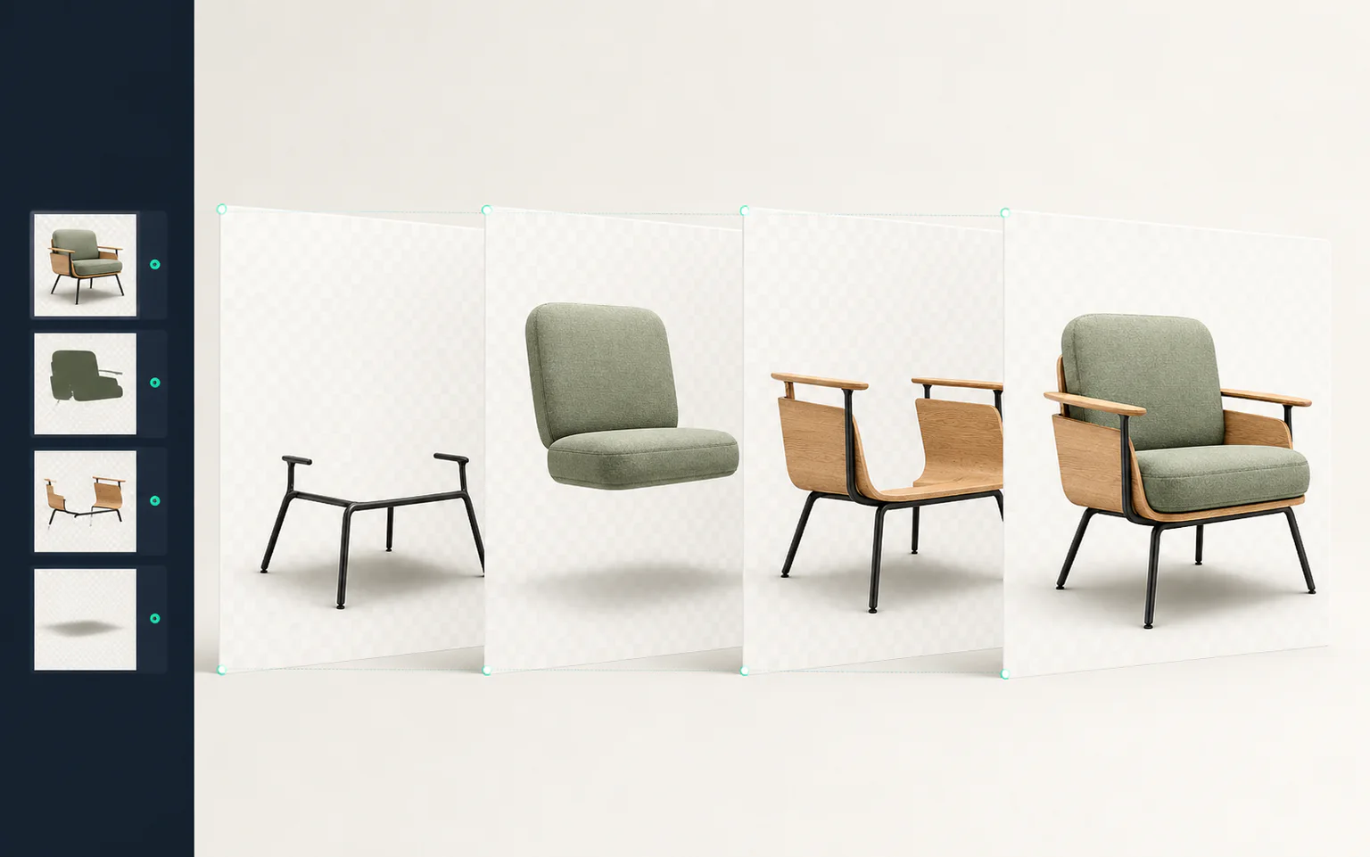 Aligned photographic base, upholstery, frame and shadow layers combining into one finished lounge chair