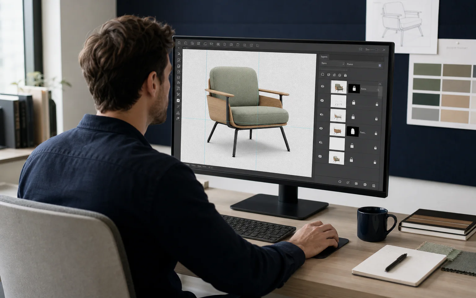 Product visual designer preparing aligned lounge chair layers in a professional image editing workspace