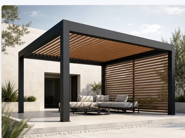 Black pergola with timber roof and right side screen selected