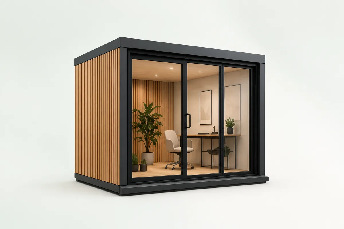 Focus 02 modular office pod configured with natural oak, graphite frame and clear glass
