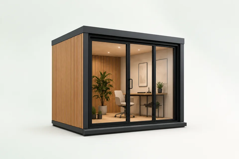 Complete configured Focus 02 office pod with oak exterior, graphite frame and glass front