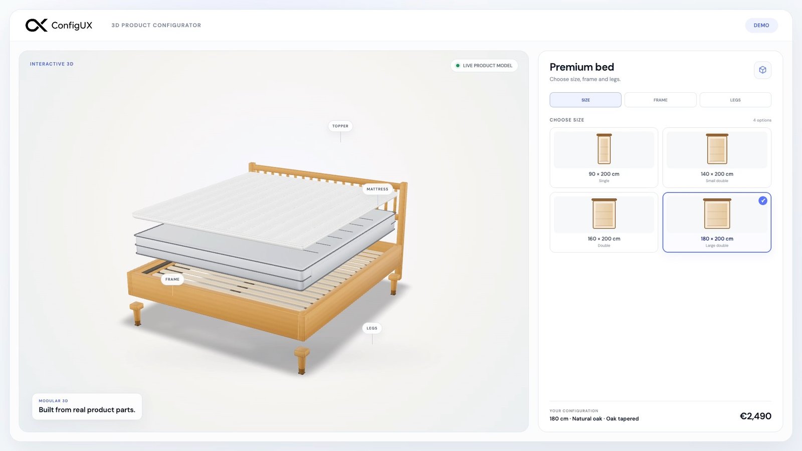 ConfigUX 3D Premium Bed configurator with a rotatable product and leg choices